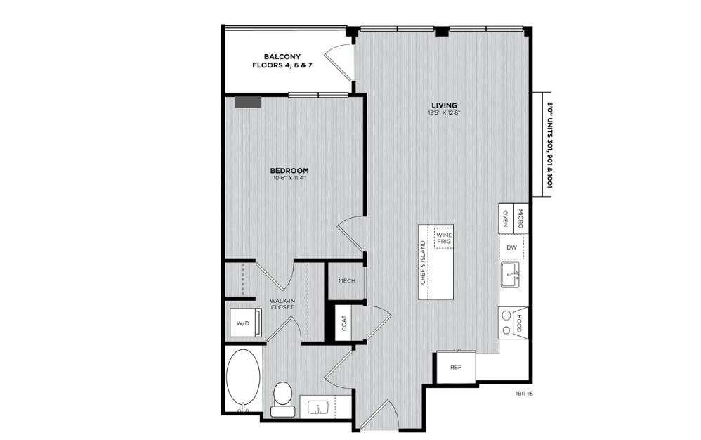 A15 - 1 bedroom floorplan layout with 1 bathroom and 665 square feet A15 - 1 bedroom floorplan layout with 1 bathroom and 665 square feet