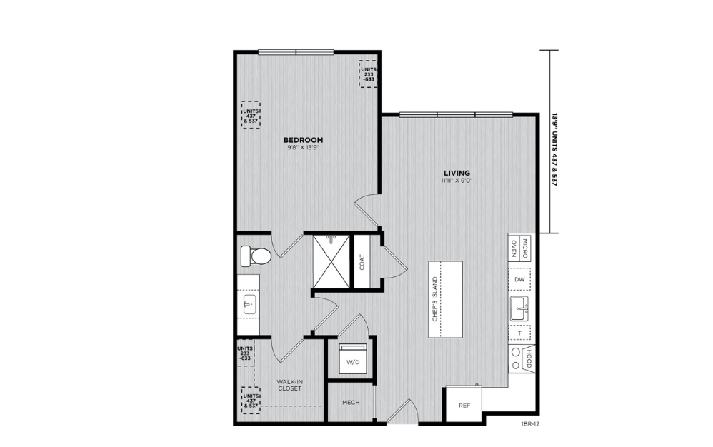 A12 - 1 bedroom floorplan layout with 1 bathroom and 680 square feet A12 - 1 bedroom floorplan layout with 1 bathroom and 680 square feet