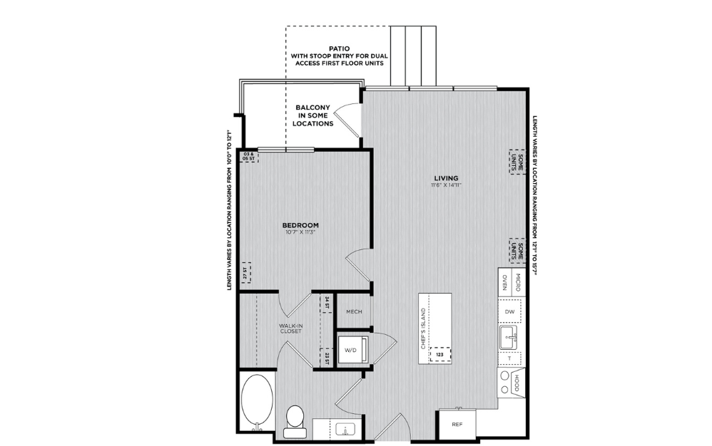A2 - 1 bedroom floorplan layout with 1 bathroom and 699 square feet