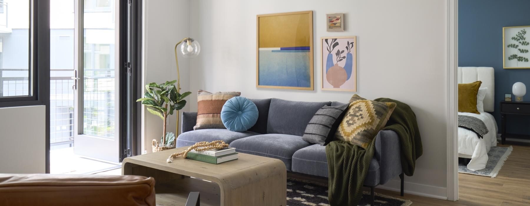 a living room with a couch and a coffee table