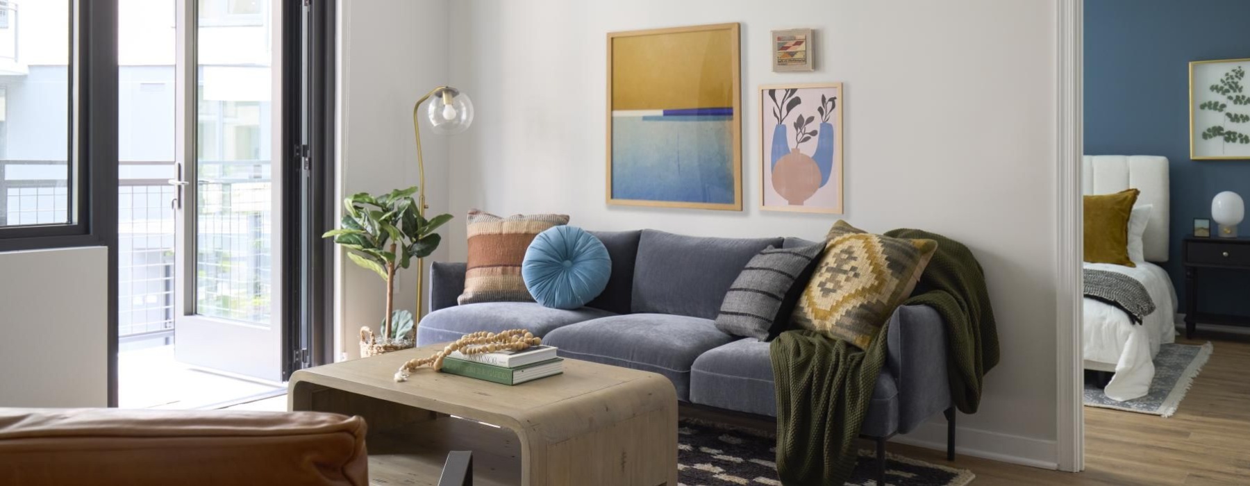 a living room with a couch and a coffee table